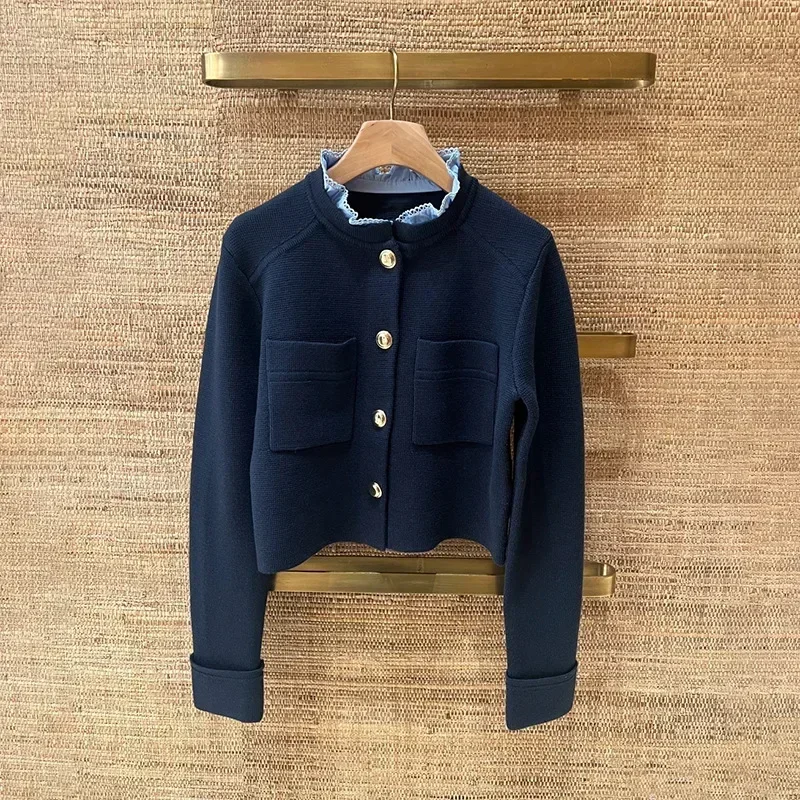 2025 nuevo cárdigan de punto gris con cuello de volantes para mujer, suéter de manga larga de Color contrastante a la moda, abrigo, Top