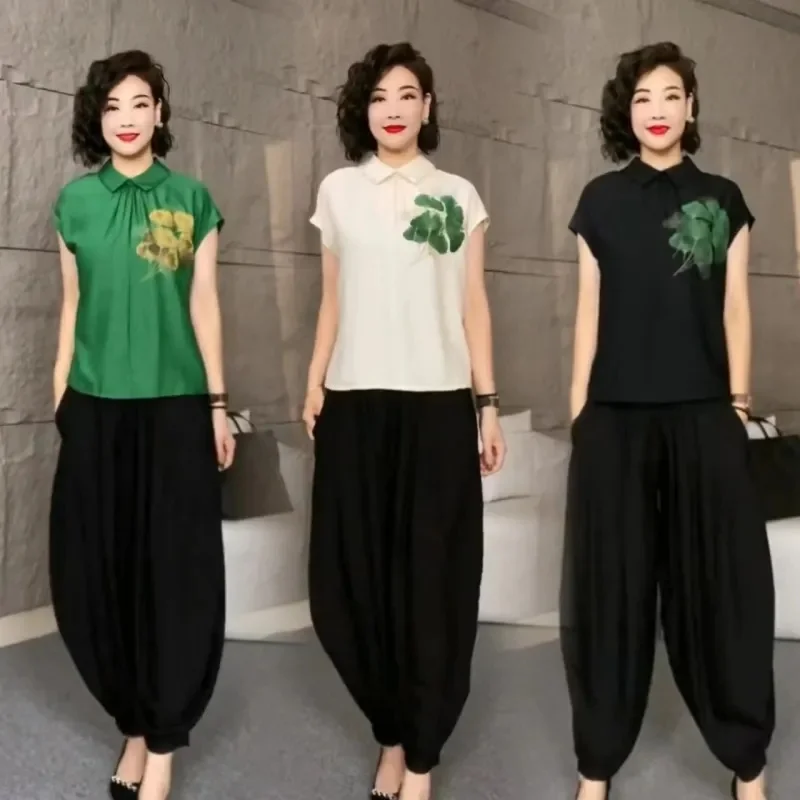 

2025 женские топы с принтом, брюки, костюм из двух предметов, корейские женские модные брюки, летние женские брюки-фонарики с короткими рукавами, 2 шт.