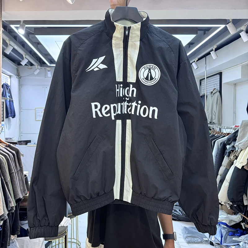 

American High Street Patchwork Striped Letter Print Badge Jacket Men's And Women's Loose Casual Collarless Coat Trendy