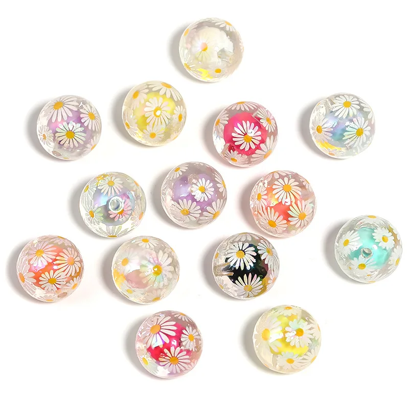 Fresh New Colorful Daisy Flowers Painting Round Acrylic Gumball Beads Fit Ornament Accessories Fashion Pen Making 100pcs 16mm