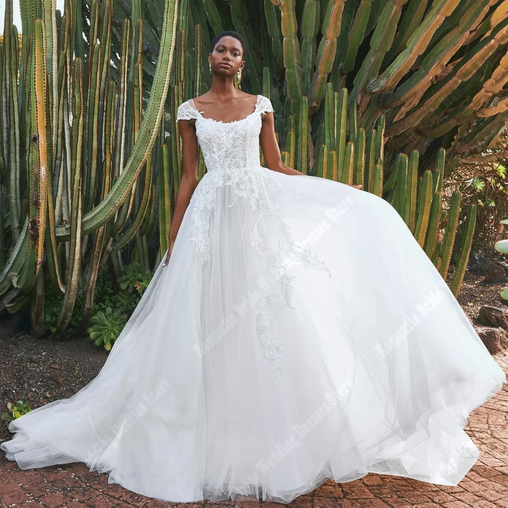 2025 เรียบง่าย A-Line ชุดแต่งงานผู้หญิงที่กําหนดเอง Elegant แขนสั้นชุดเจ้าสาว Shining Decals Embellishments Robes