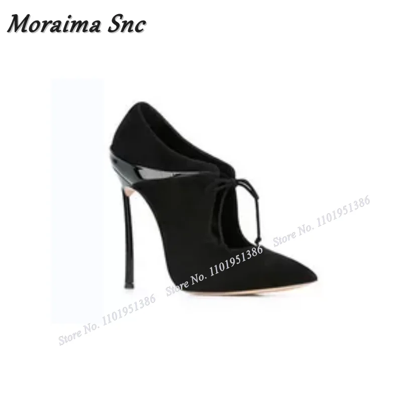 Moraima Snc Black Lace up Metal Heel Pumps For Women Wine Glass Heel Shoes Pointed Toe Slip on Stiletto Heels Zapatillas Mujer