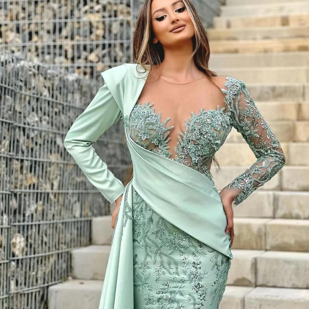 Luxury Lace Appliques Crystal Beading Pleat Evening Dress With Train Long Sleeve Prom Party Gowns Vestidos De Noche