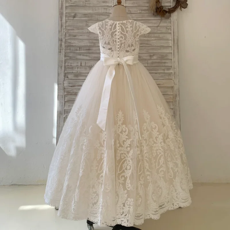 Champagne Flower Girl Dresses Tulle Lace Appliques Diamond With Bow Short Sleeve For Wedding Birthday Banquet Princess Gown