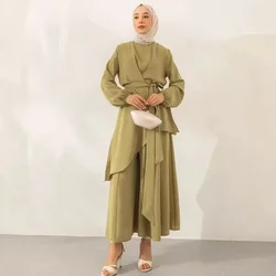 Muslim Two Piece Women Modest Set Top Lace Up Wide Leg Pants Suit Ramadan Morocco Dubai Islam Casual Ensemble Arabic Outfits