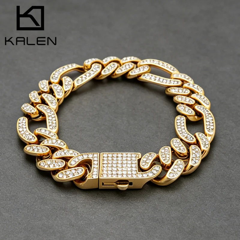 

KALEN 20mm Rhinestone Cuban Chain Bracelet Stainless Steel Hip Hop Bling Chain For Men Women Valentine's Day Jewelry Gift