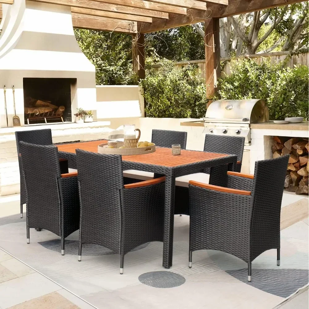 

7 Piece Patio Dining Set Outdoor Acacia Wood Table and Chairs with Soft Cushions Wicker Patio Furniture for Deck,Backyard