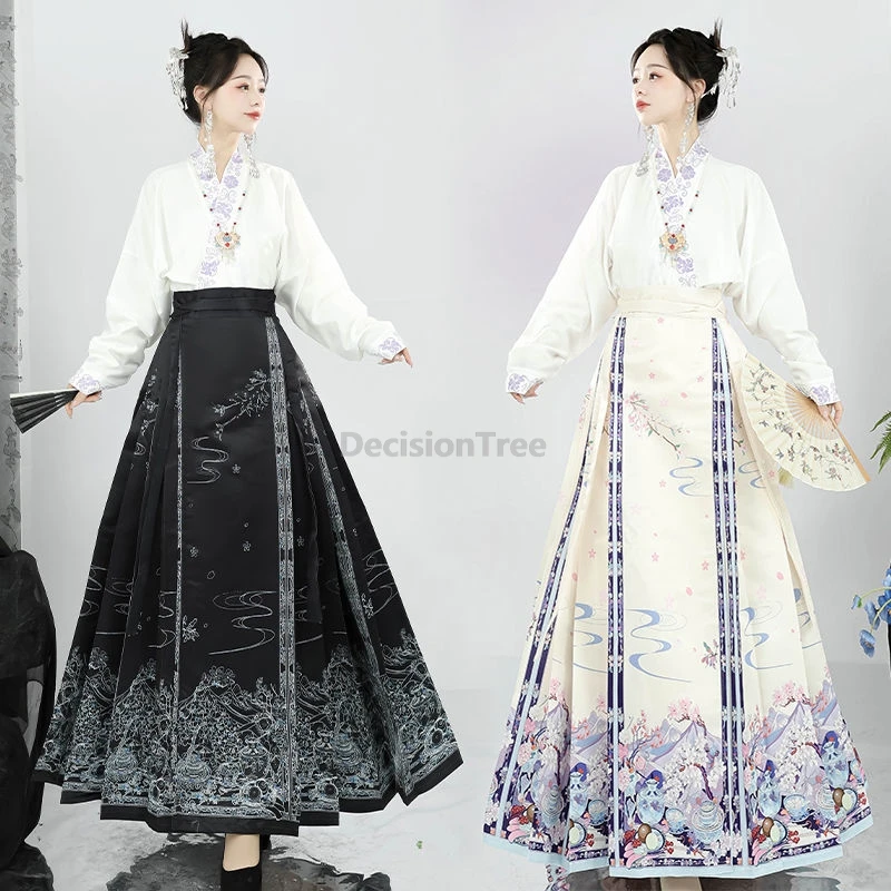 

2025 new chinese style ming made horse face skirt suit improved daily hanfu chinese Blue and White Porcelain element hanfu set