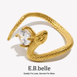 E.B.belle Square Zirconium Plate Snake Shaped Ring 316L Stainless Steel Accessories 18K Gold Plated Decoration