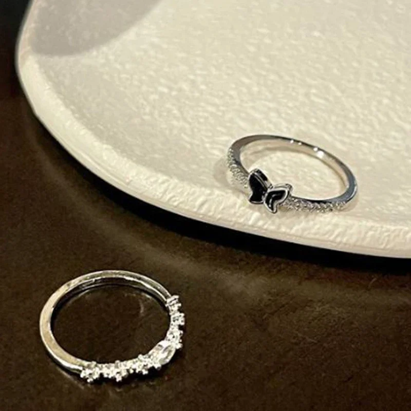 2PCS Shiny Crystal Butterfly Zircon Rings For Women Girls Korean Style Minimalist Wedding Finger Ring Silver Color Ring Jewelry