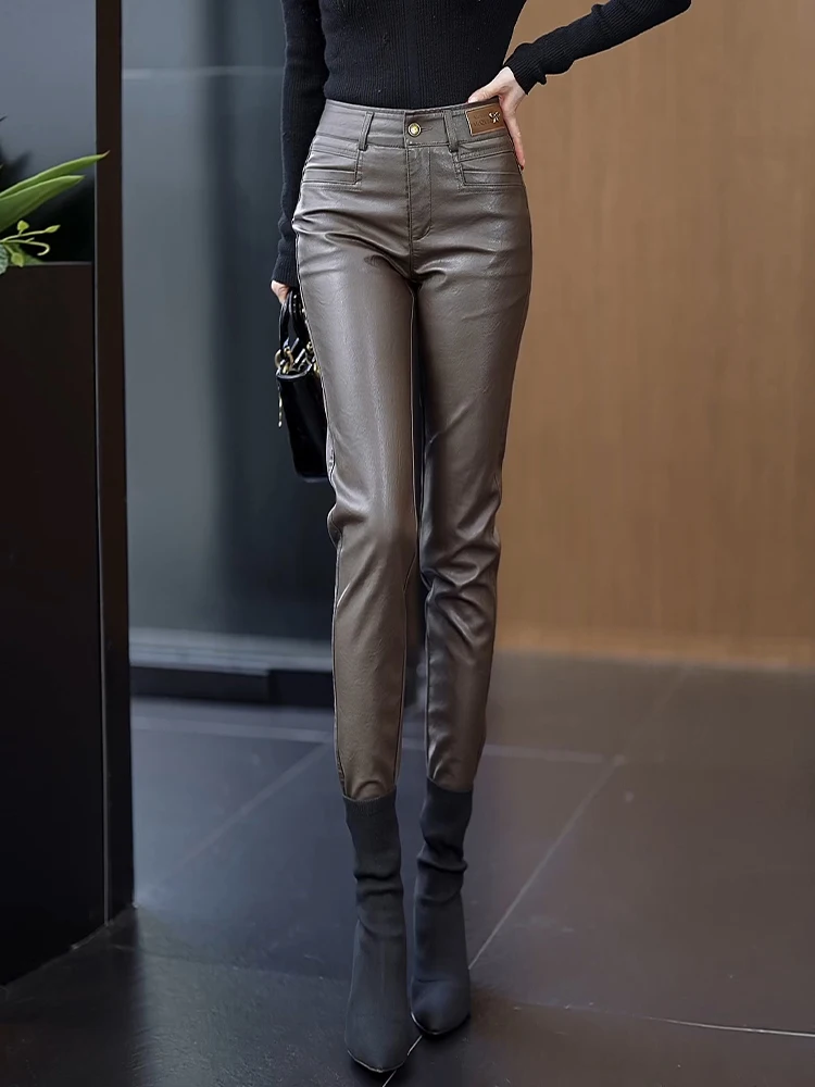 

Caramel PU Leather Slim Fit High Waist Trousers Women's Autumn Winter Fashion Commute Style Pocket Detail Bodycon Pants