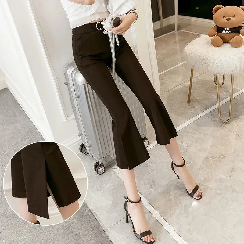 Summer New High Waist Slim Show Thin Split Seven Points Flare Pants Women Solid Color Vintage Pants Female Korean Fashion 2023