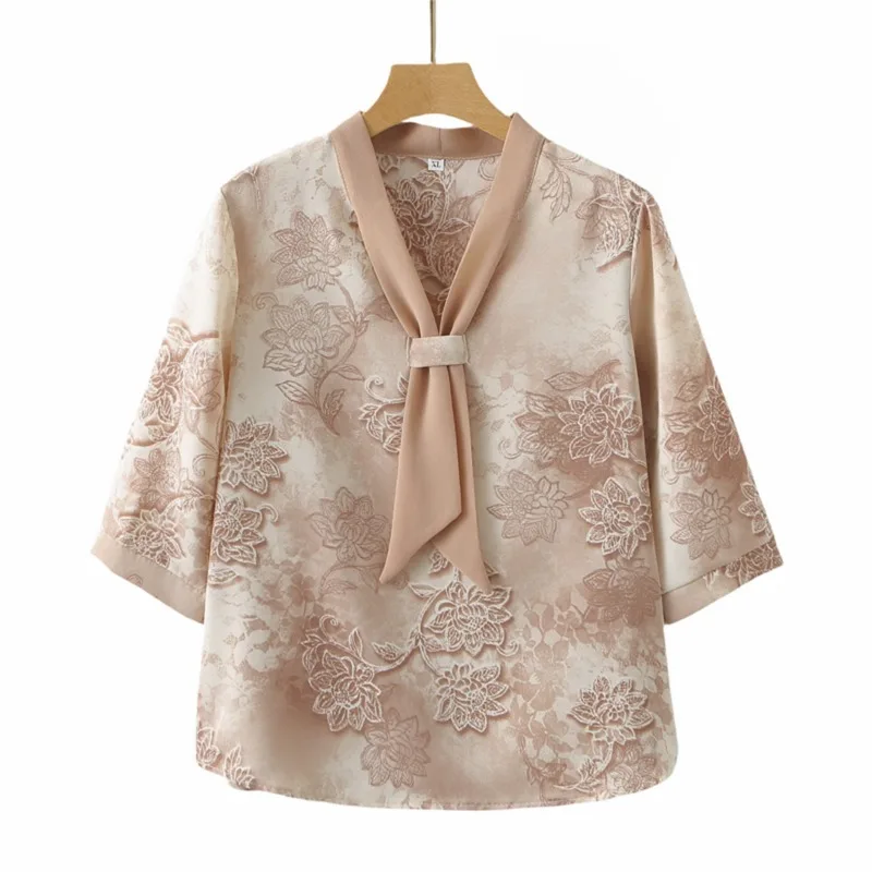 

Women Chinese Style Floral Blouse Middle Aged Mom Summer Top V Neck Bow Tie Elegant Loose Short Sleeve Printed Shirt