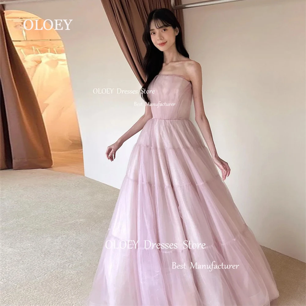 

OLOEY Elegant Glittery Strapless Prom Dresses Korea Wedding Photoshoot Silky Tulle Evening Dresses Floor Length Corset/Zip Back