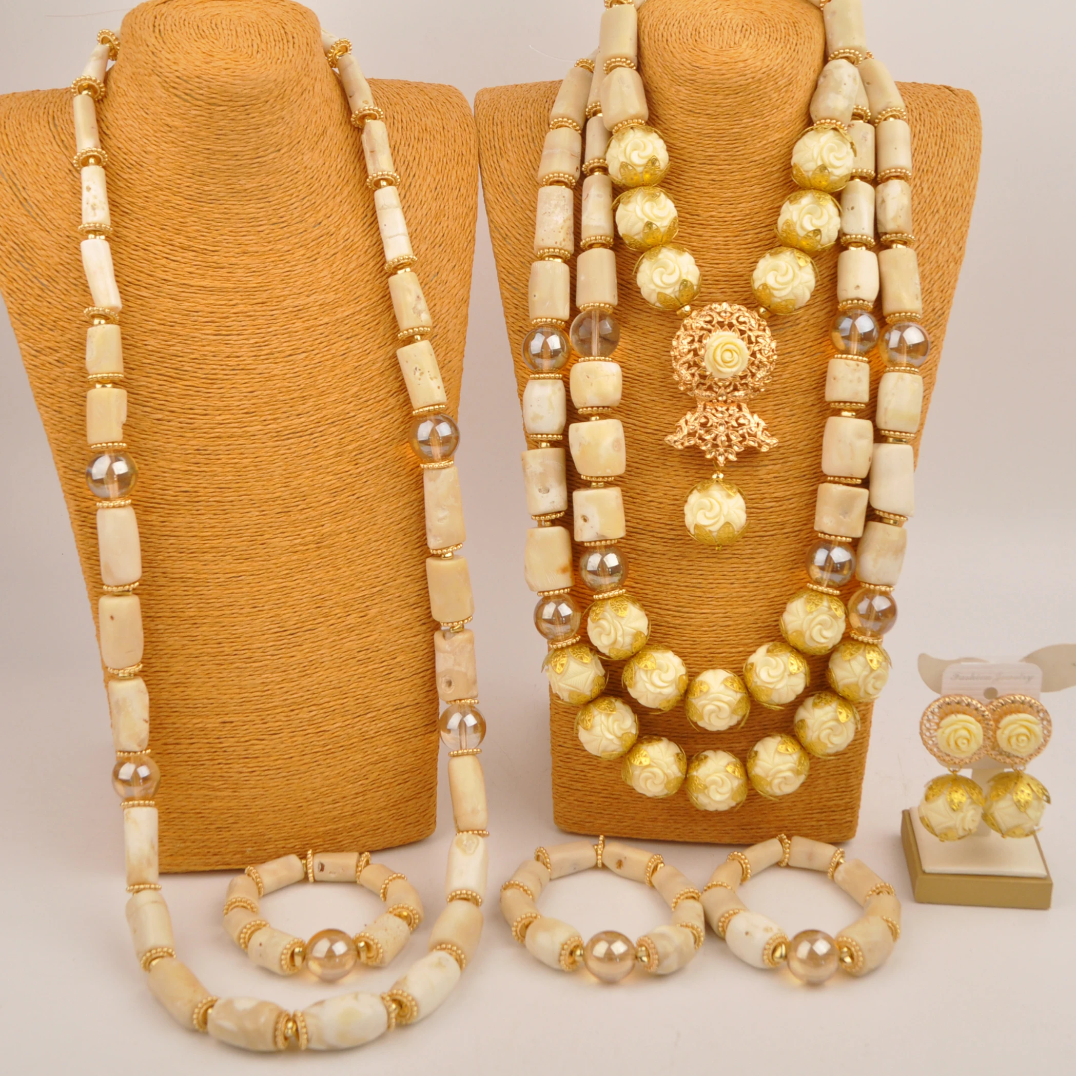 

Nigerian Wedding African Necklace White Natural Coral Bead Couple Jewelry Set