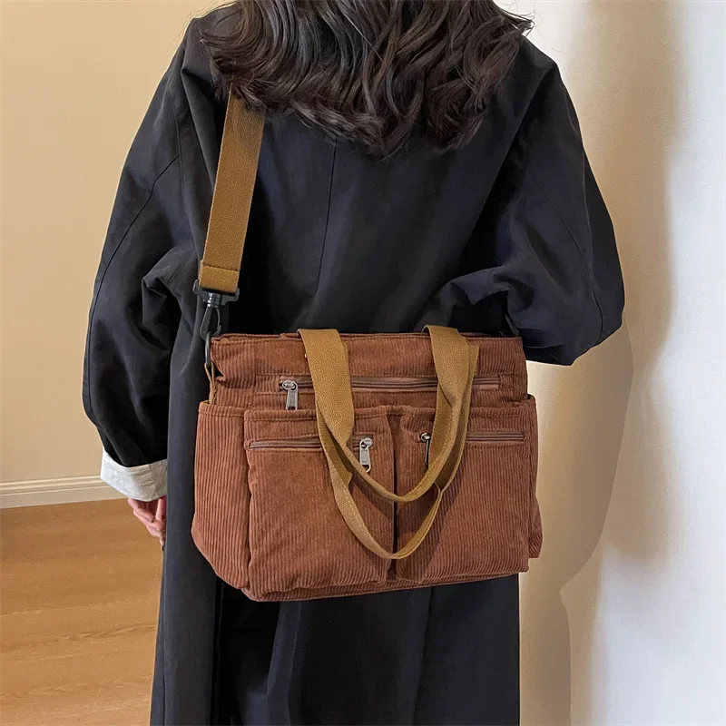 Corduroy Large Capacity Women Shoulder Bag Classic Korea Style Elegant Tote bag Traveling Multilayer Thick Classy Crossbody Bags