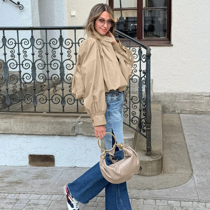 TARUXY Puff Sleeve Short Jacket Coat Women's Fashion Pleated Loose Solid Stand Collar Jacket Autumn 2025 Lady Outwears Street