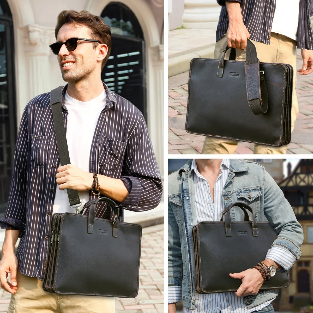 Briefcase 14.2 Inch Laptop Bag Pebbled Leather Men's Bag Multi Compartment Business Handbag Men Business Laptop Bag