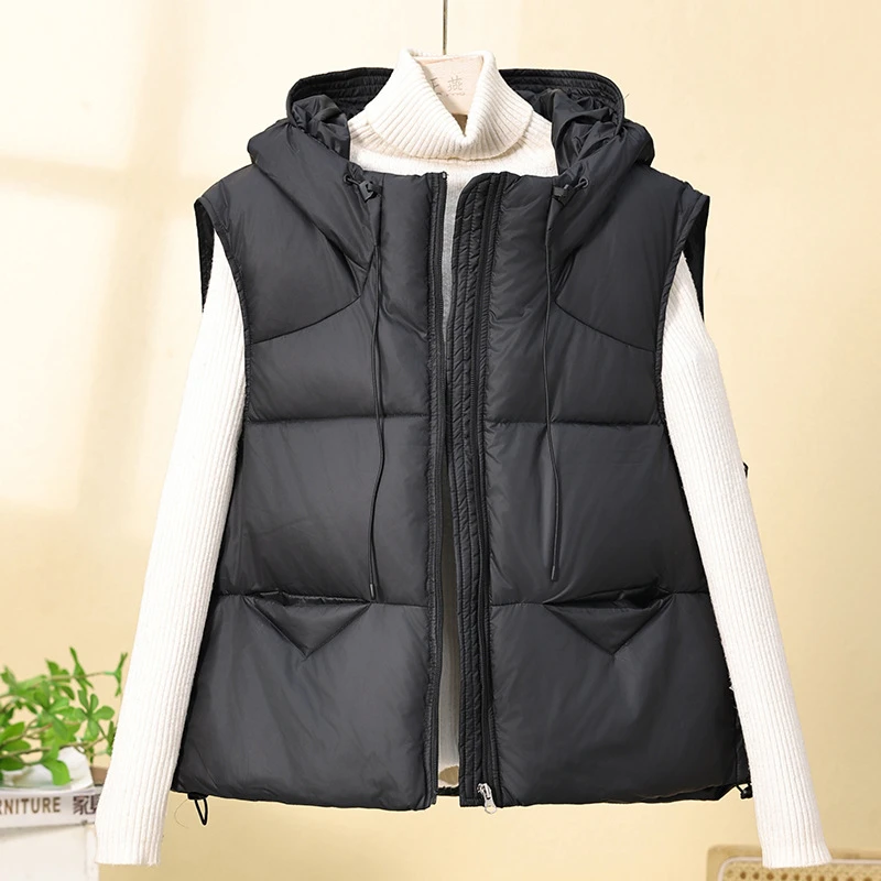Short Vest Jackets 2025 Fashion New Korean Women's Hooded Tether Solid Casual Sleeveless Waistcoat Loose Student Coats Trend Top
