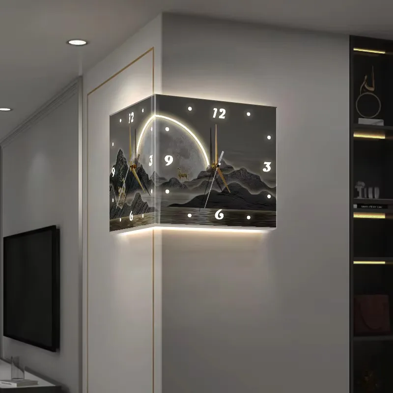 Mountain Pattern Corner Double-sided Wall Clock (Pointer Style) Acrylic Silent Clock Suitable for Living Room