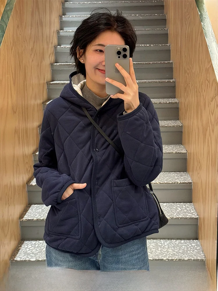 

Теплое хлопковое женское зимнее пальто Jaet с капюшоном и ромбовидной строчкой, свободная посадка Langqing Brand Commute Sle Thiened