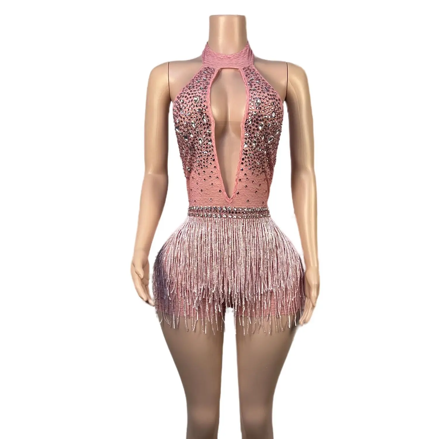 

Flashing Rhinestone Pink Sexy Halter Backless Sheath Bodysuit Birthday Celebrate Costume Women Dancer Prom Outfit 2024 Shengxia