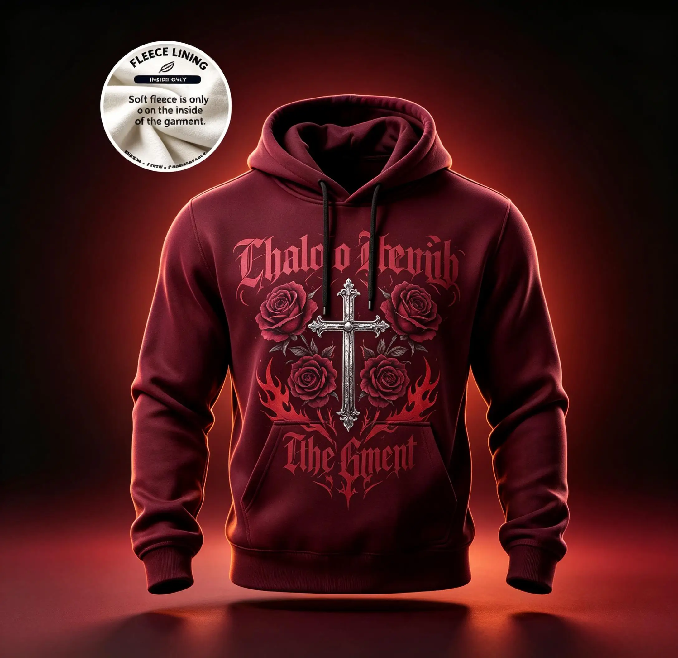 Sudadera con capucha para hombre, forrada con tejido polar, de color burdeos, con estampado gótico de una cruz, una rosa y llamas, y cordón ajustable.