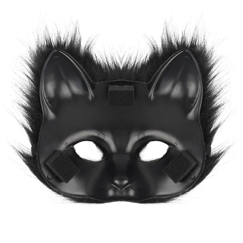 Furry Cat Ears Mask Tail & Paws Set, Black Faux Fur Animal Cosplay Costume Accessories for Halloween Party Comic Con
