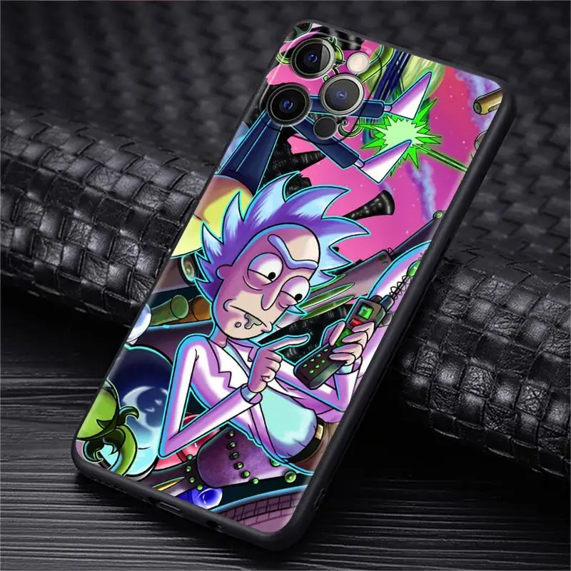 R-Rickss Cute Cartoon Case For Apple iPhone 11 15 13 14 Pro Max 12 Plus X 15Pro Black Silicone Phone Coque