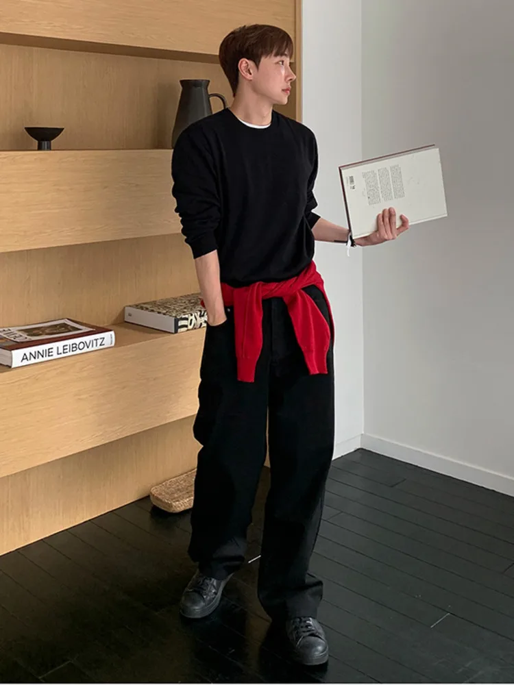 SYUHGFA 2025 الخريف النمط الأمريكي الرجال الجينز المتخصصة تصميم بلون بنطلون مستقيم واسعة الساق عادية الذكور الدنيم السراويل