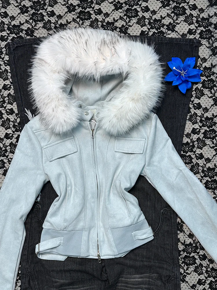 

Синий меховой воротник или Jaet, уникальный дизайн, винтажная женская верхняя одежда Faion, повседневная одежда на молнии из смеси хлопка