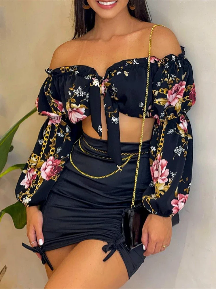 Summer Sexy Skirts Two Piece Set Women Chic Slash Collar Lantern Sleeves Crop Top & Solid Pattern Shirring Bodycon Dress Sets