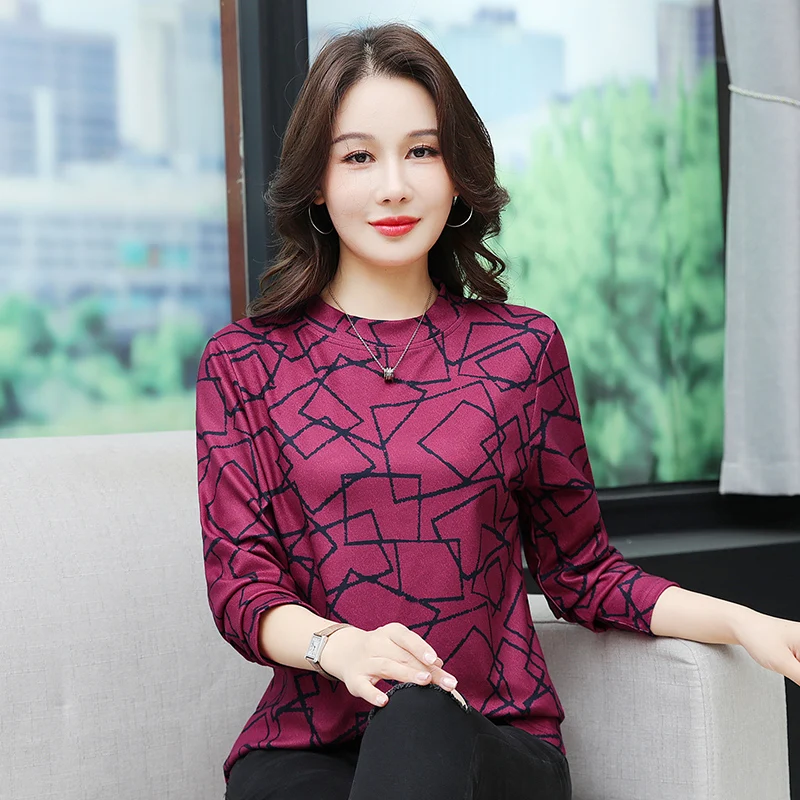 เสื้อยืดคอกลมแขนยาวพิมพ์ลายแฟชั่นสำหรับผู้หญิงวัยกลางคน  ใส่สบายๆ สไตล์ลำลอง  สำหรับฤดูใบไม้ร่วง