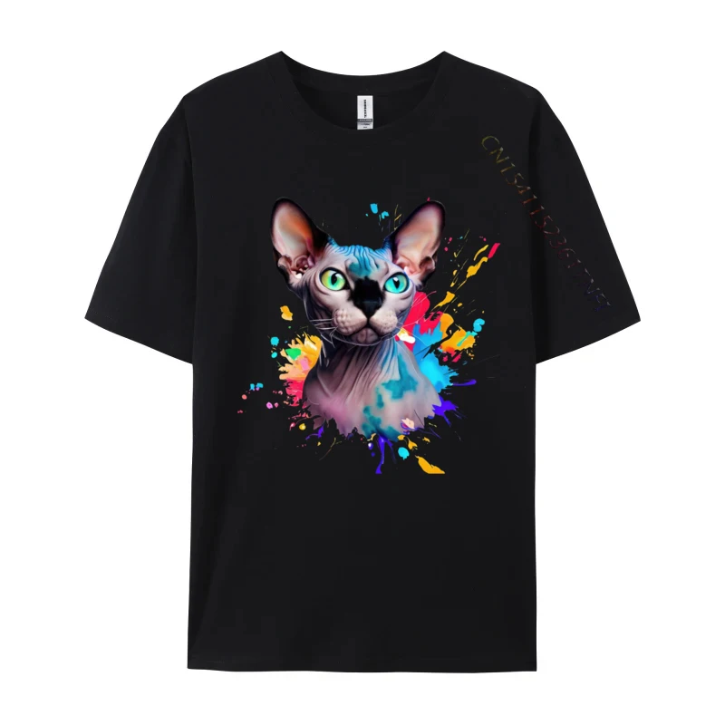 Sphynx cat Colourful Splashes Of Paint Abstract Art Cat Print Tops T Shirt Cotton Mens T Shirt T Shirts New