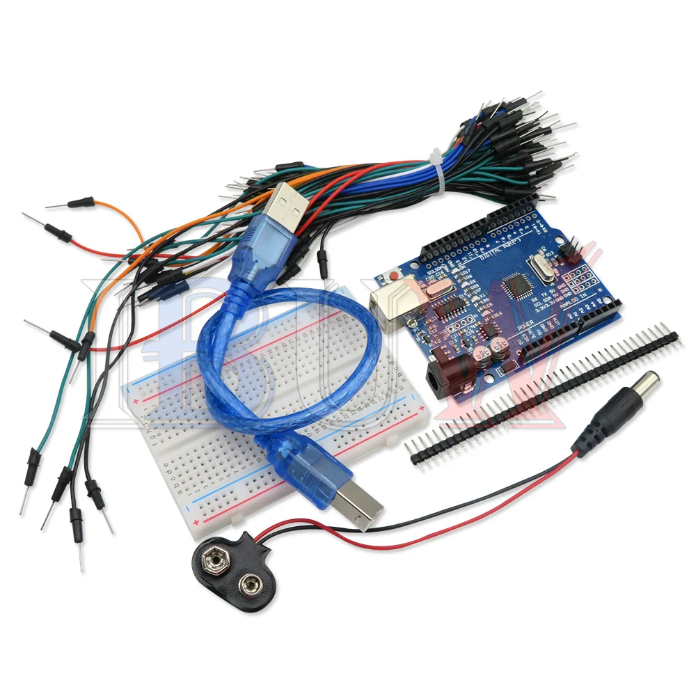 Starter Kit for Arduino Uno R3 - Bundle of 5 Items: For Uno R3, Breadboard, Jumper Wires, USB Cable and 9V Battery Connector DIY