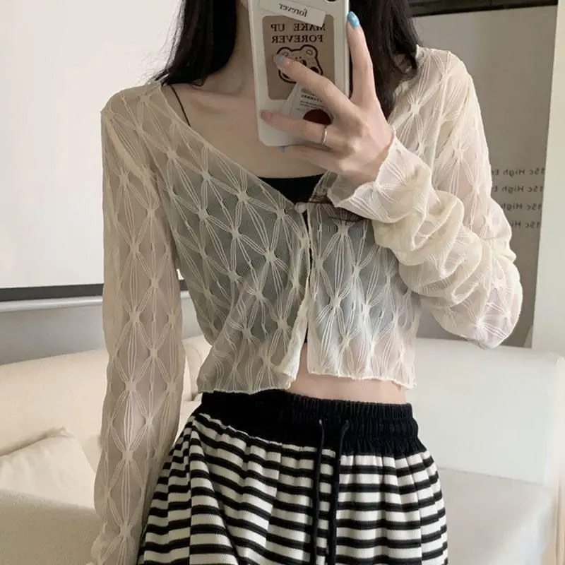 Solid Jackets Women Spring Summer Single Button Lace Transparent Thin Slim V-neck Rhombus Lattice Design Short Fashion Ins Cozy