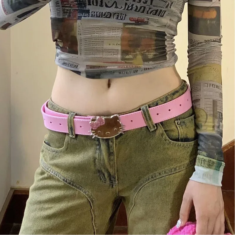 Y2k Sanrio Hello Kitty Jeans Leather Belt Women Buckled Simple Belts Trend Pants Jeans Belts Cute Clothing Accessories Gifts