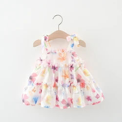 Summer Girls' Fragmented Flower Dress for Children's Clothing Sweet Style Bow Strap Korean Edition Chiffon Princess Dress