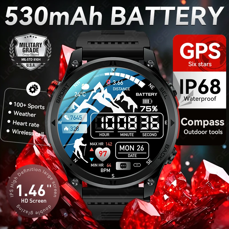 LIGE 2026 GPS Path New Smart Watch 530mAh Battery IP68 Waterproof Outdoor Sports Run Tracker BT Call Compass Military Smartwatch