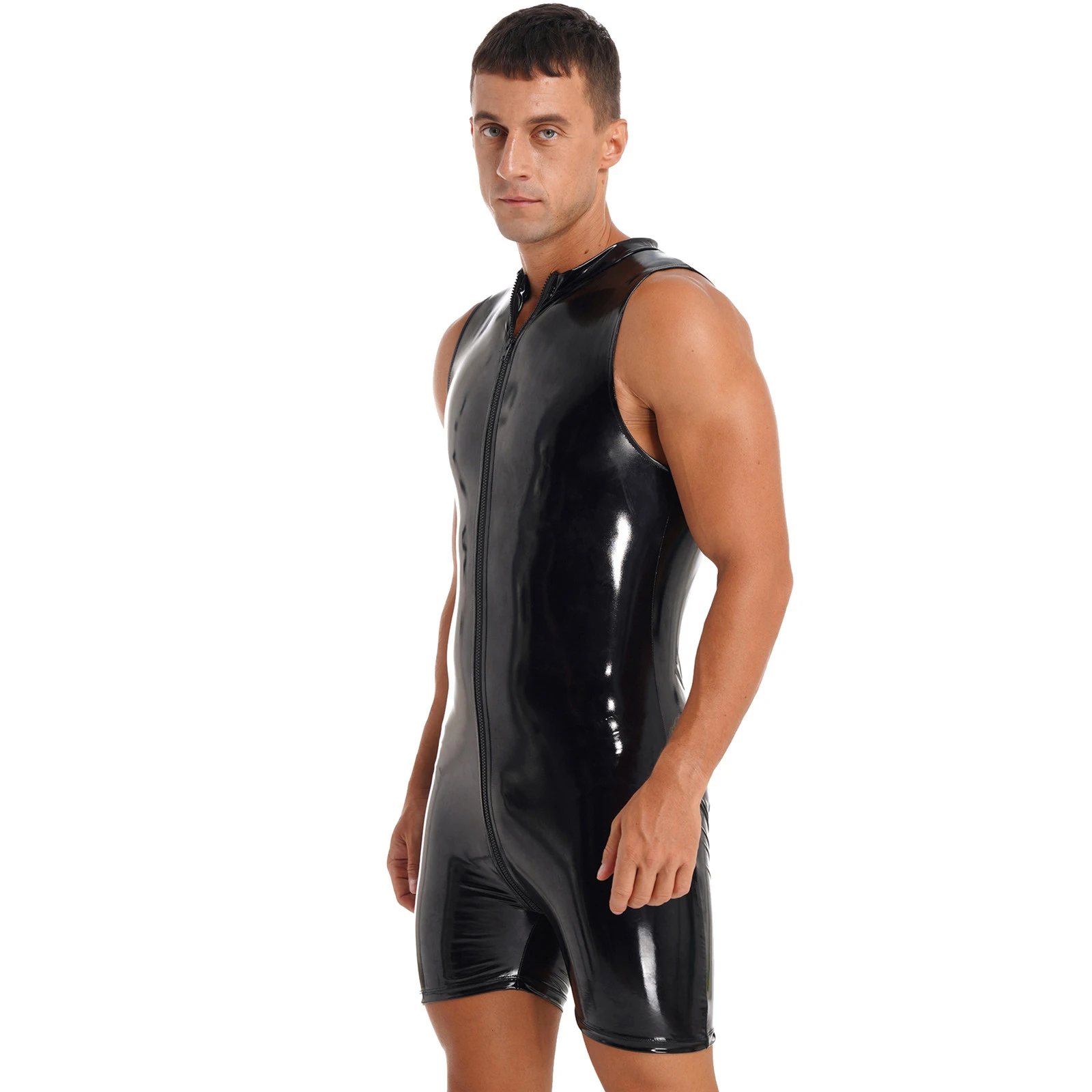 Mens Wet Look Patent Leather Jumpsuits Sleeveless Zipper Bodysuit Lingeire Hommes Unitard for Club Pole Dancing Costume Clubwear