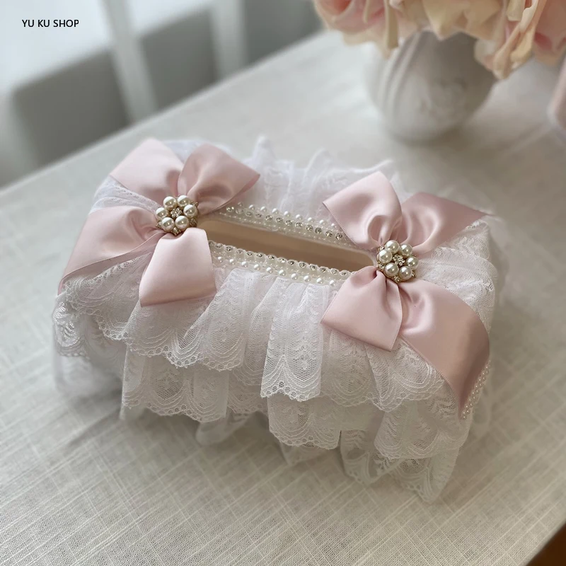 Korean Lace Tissue Box Vintage Pearl Napkin Holder Decorative Fabric Paper Box Dining Table Storage Organization Decoraction