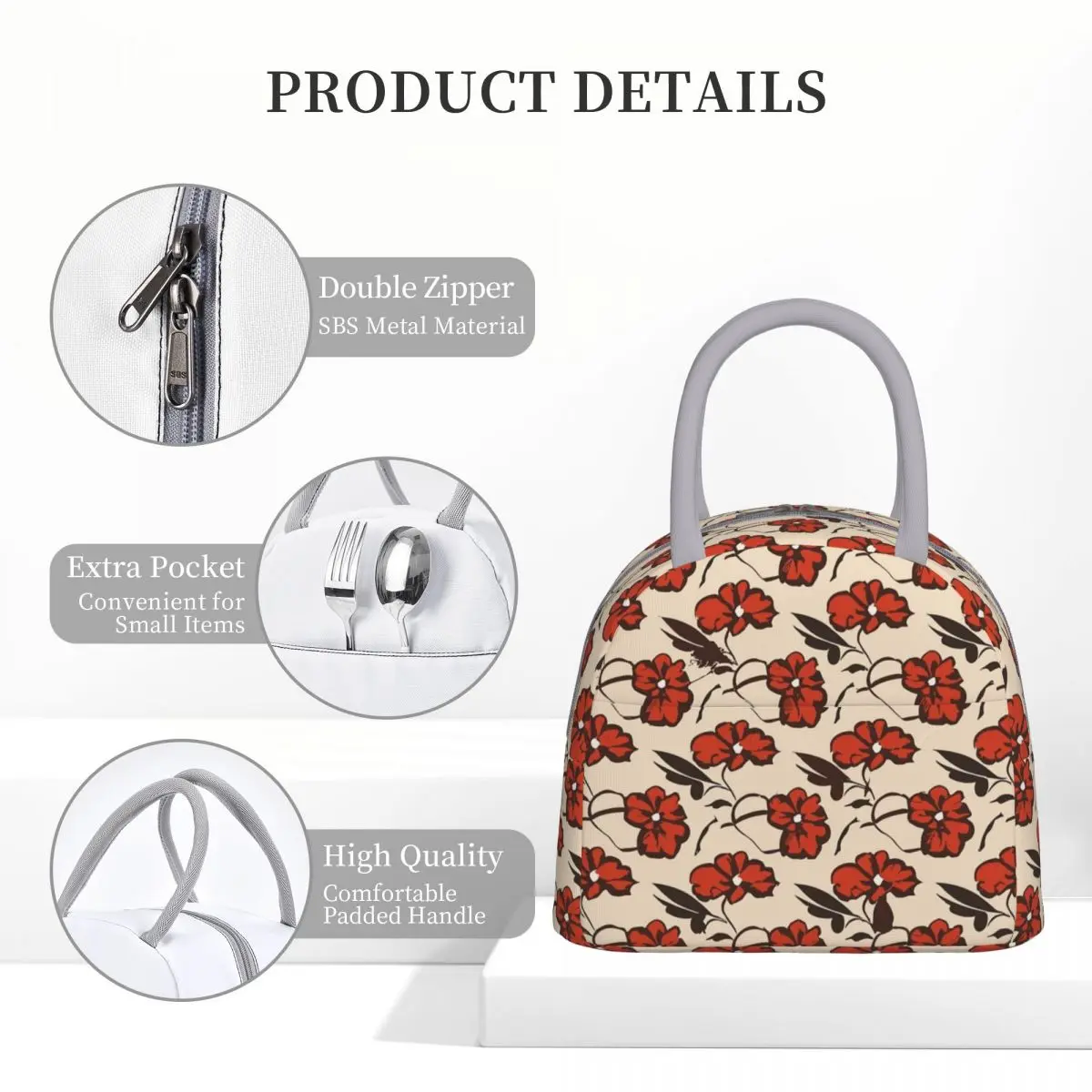 Insulated Lunch Bags Red Flower Product Food Box Fashion Cooler Thermal Bento Box For School