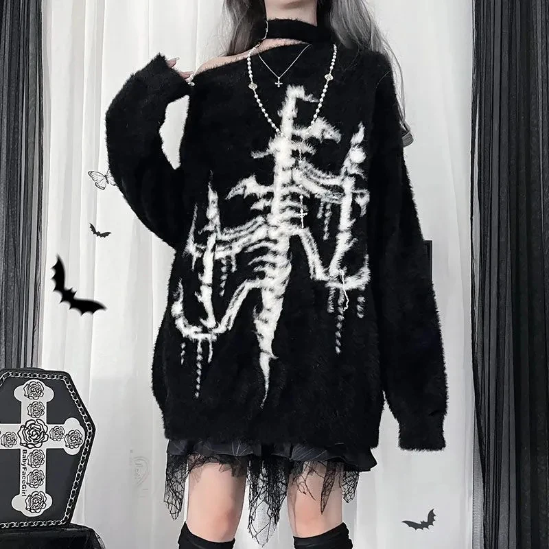 Dark Punk Sweater Women Harajuku Y2K Long Sleeve Knit Pullover Black Gothic Street Loose Top American Vintage Lazy Knitwear