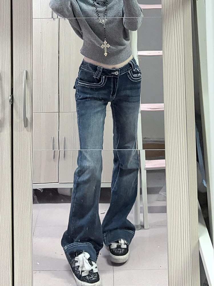 

Slim Fit Bell Bottom Denim Jeans Women's Deep Blue Faded Washed Summer New Style Slimming Effect Casual Low Waist Jeans