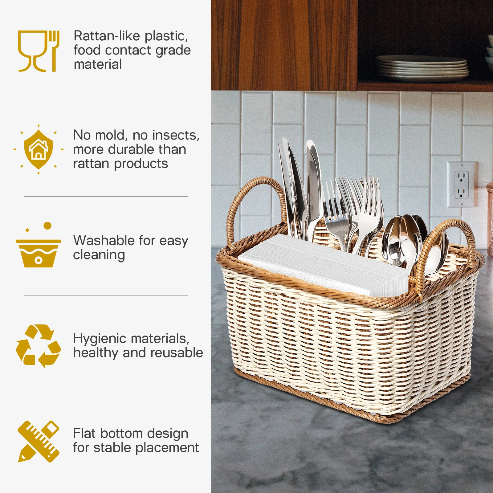 

1Pcs Rattan-Like Storage Basket Hand Woven Organizer Divided Kitchen Utensil Holder Picnic Fruit Storage Basket