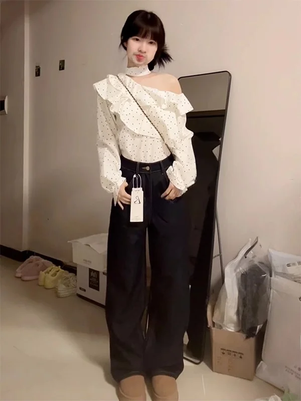 

Korean Style Long Sleeve Polka Dot off Shoulder Shirt Women Summer New Design Sensation Hanging Neck Philosphy Top
