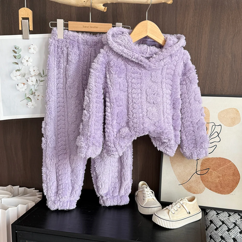 Baby Girl Clothes Purple Plush Jacquard Top+Pants 2-piece Set for Autumn and Winter Home Kids Casual Pajamas 3-7 Years Old