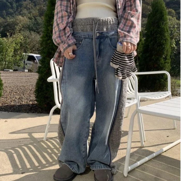 شيك المرأة Fce منقوشة مطاطا Waisand الدافئة الدنيم Sweatpants فضفاضة تناسب الخريف الشتاء بناطيل كاجوال مربوط الكفة الجينز