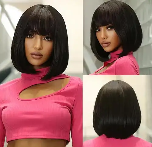 

Black Brown Short Bob Wig with Bangs Synthetic Straight Wigs for Women Afro Natural Hair Cosplay Daily Party Heat Resistant