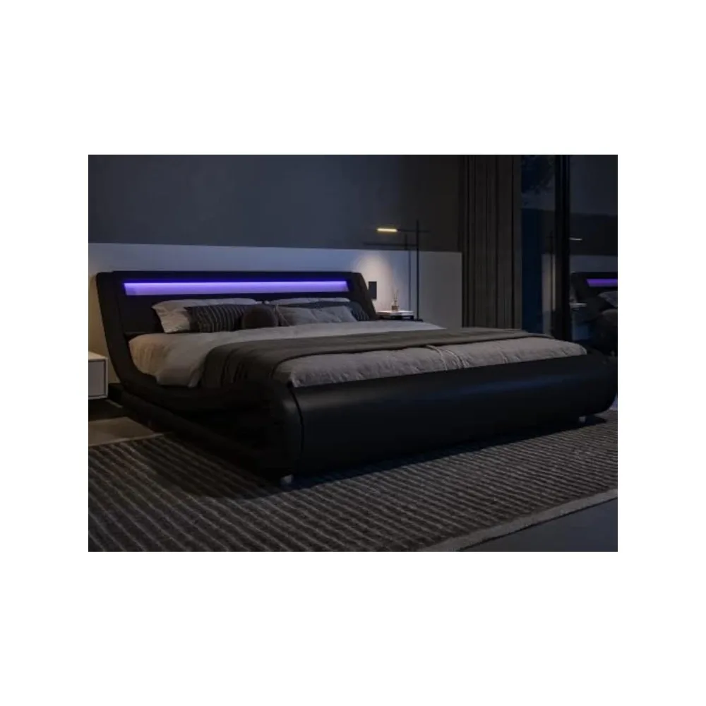 LED Platform Bed Frame with Adjustable Headboard/No Box Spring Need/Easy Assembly/Faux Leather in Black